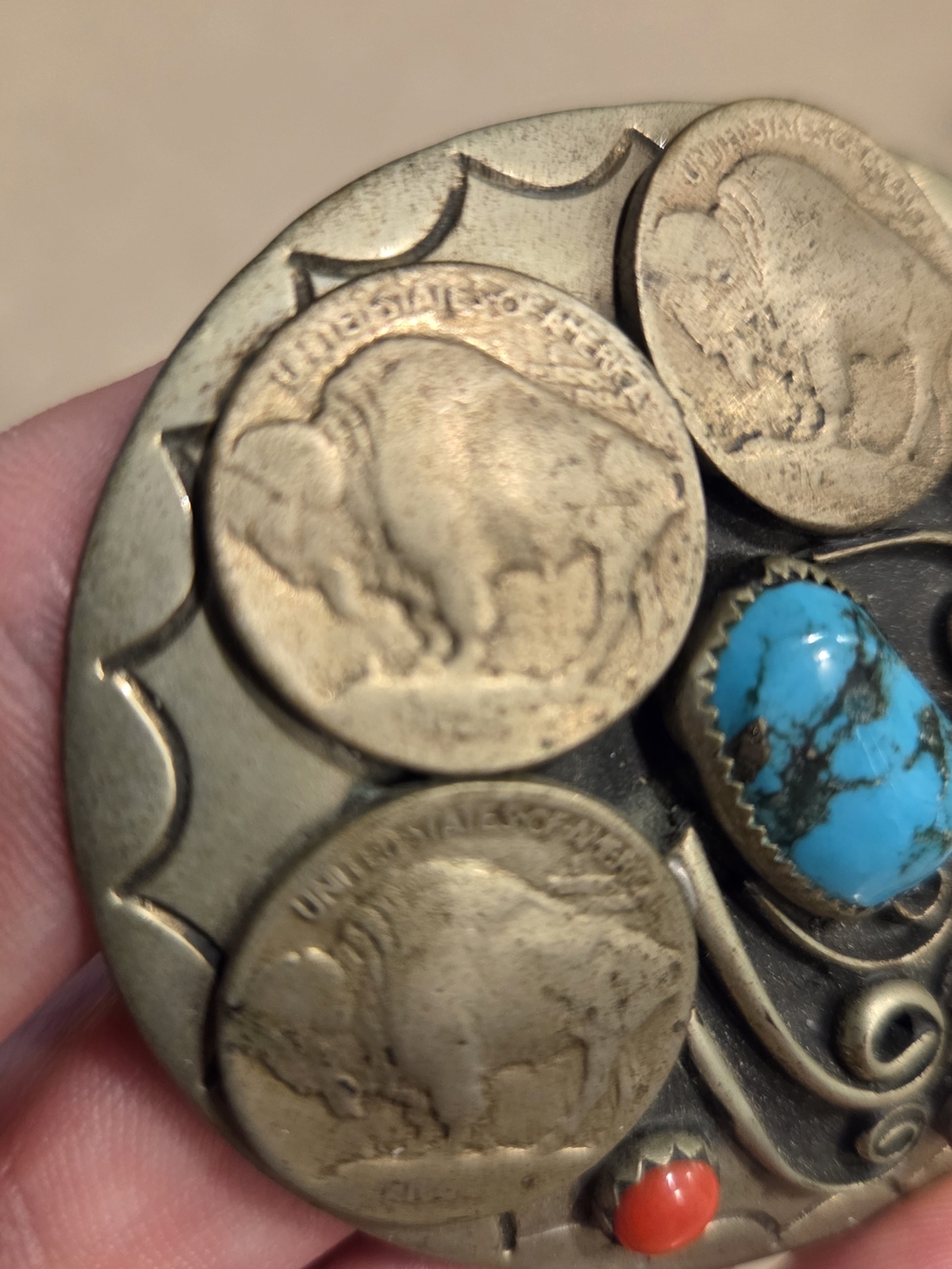 Vintage Navajo Silver Turquoise & Coral Belt Buckle By, Squaw Wrap - Picture 3 of 11